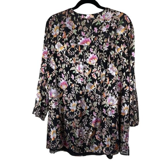 Daniel Rainn 2X Black Floral Burnout Peasant Top – Sheer 3/4 Sleeves, Boho - Picture 3 of 7
